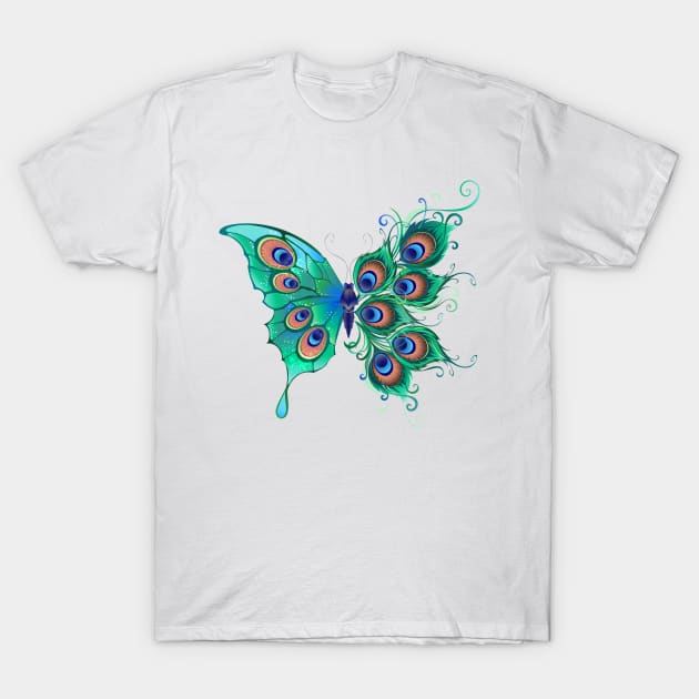 Butterfly with Green Peacock Feathers T-Shirt by Blackmoon9